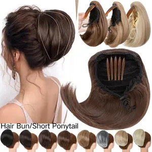 12 inch Hair Bun Short Ponytail Extension Natural Fully Bun with Comb Clip Straight Synthetic Hair Extensions Chignon Drawstring Updo for Women