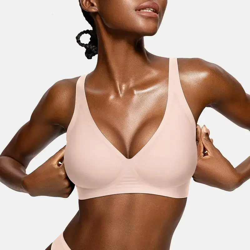 Womens Jelly Bras Wireless Comfortable Soft Push Up Bralettes Seamless Tshirts Bras Deep V Everyday Bras