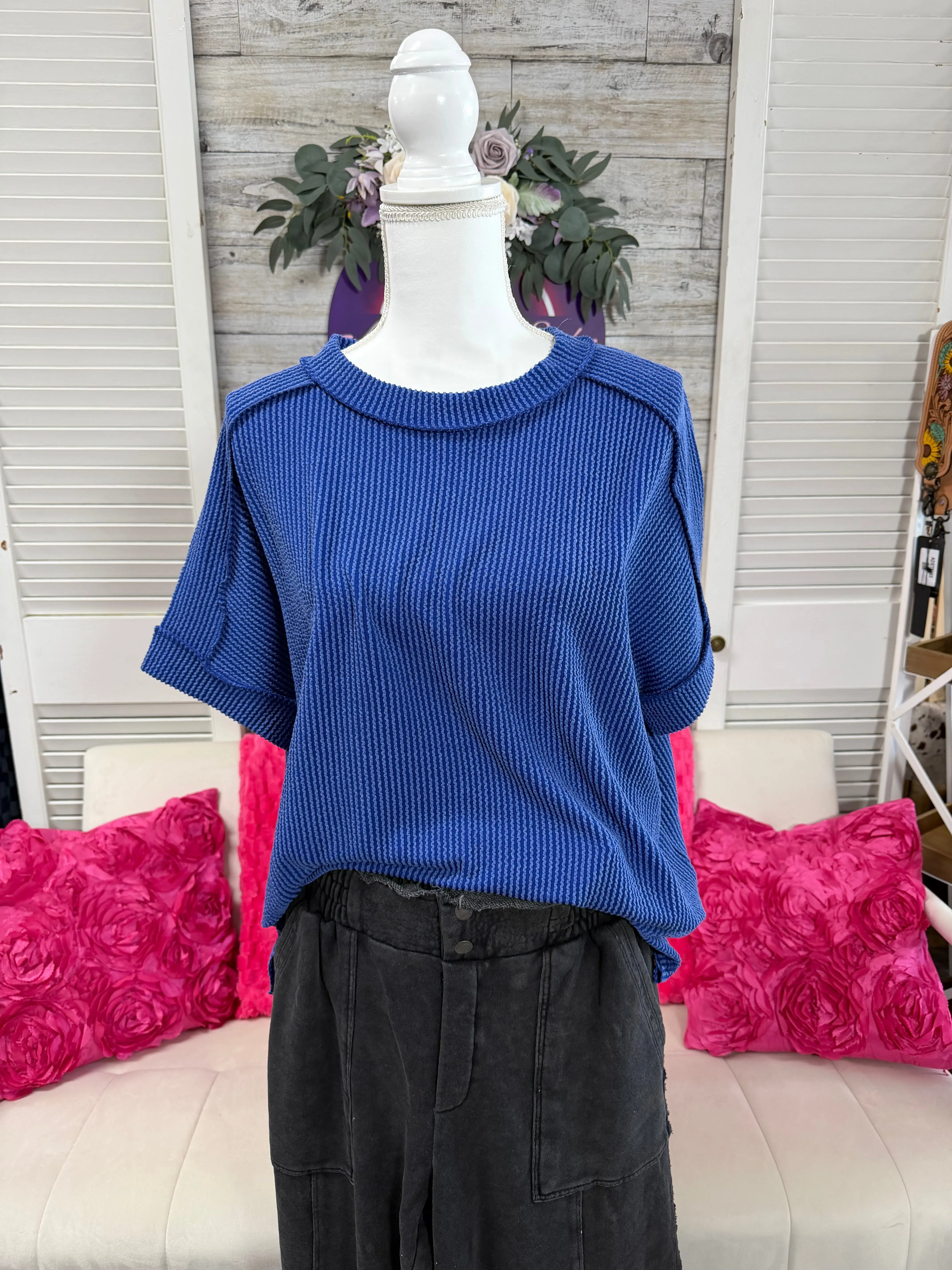 Curvy Raised Rib cuff sleeve edge top Zenana