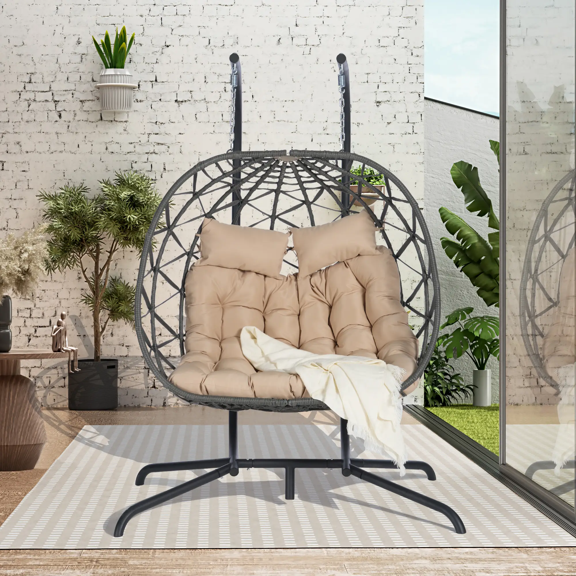 【Back To School Season!!!】Patio Double Egg Swing Chair with Stand Up to 600/700 lbs, Outdoor Indoor Wicker Frame Rattan, Thick Cushion, Porch Swing