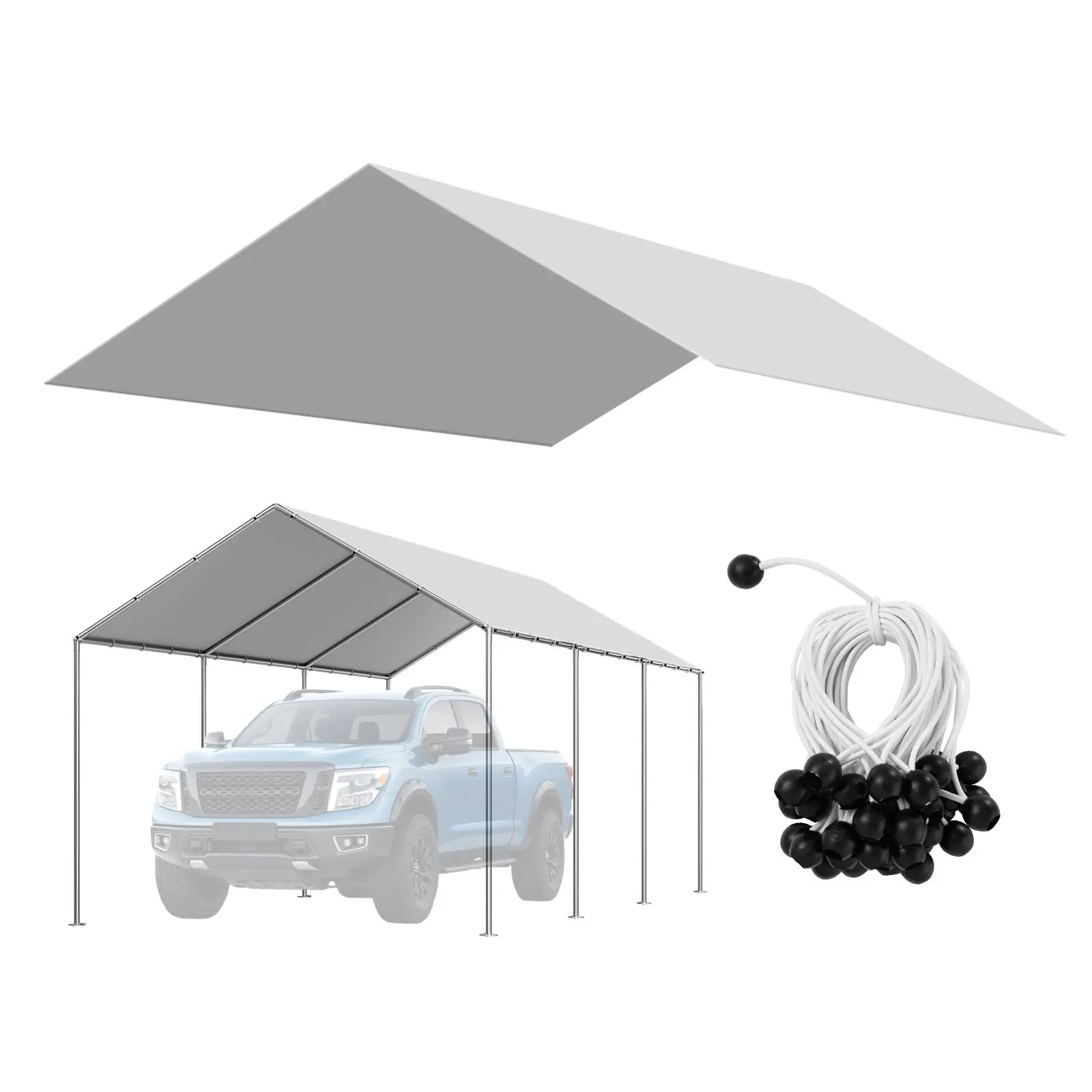 VEVOR 10x20 ft PE Woven Carport Replacement Canopy, Heavy-Duty All-Weather Outdoor Cover, UV-Resistant Waterproof, Quick Ball Bungee Setup, for Farms & Construction Sites, Grey, Frame Not Included