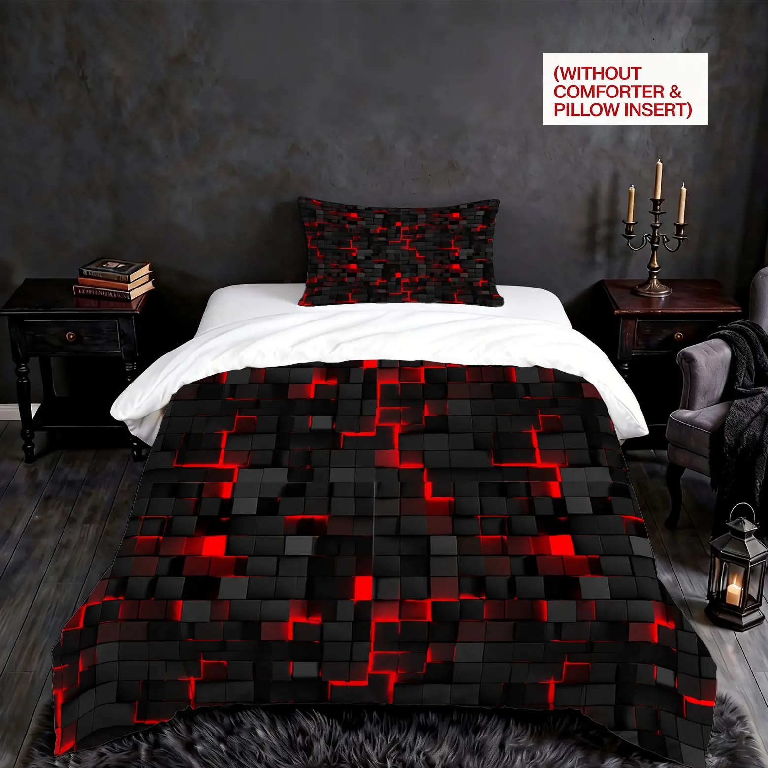 Black & Red Geometric Tech Grid Duvet Cover Set, Bedding Set, Bed Covers, 2/3 Pieces (1 Duvet Cover + 1/2 Pillowcases, No Comforter/Pillow Insert), Tech Style, Soft & Breathable, Ideal for Gamers, Bedroom Decor, Gift for Teens & Men