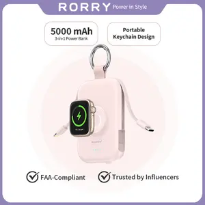 RORRY CharmGo 5000mAh Portable Charger Power Bank with Built-in Cables Travel Keychain Battery Pack for Apple Watch iPhone AirPods Compact & Travel-Friendly Gift Ideas,