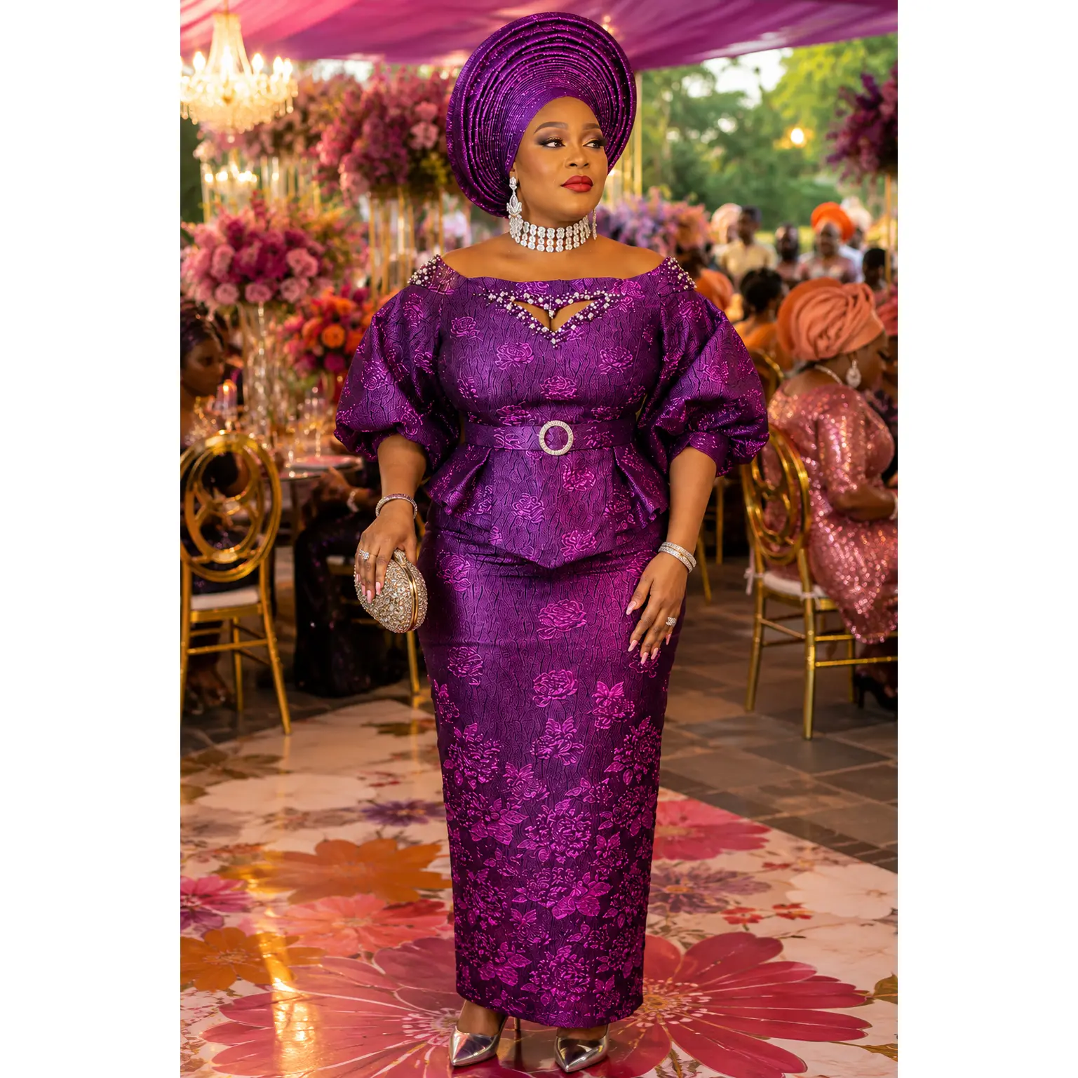Purple Brocade Off-The-Shoulder Rhinestone Peplum Top & Skirt Set  - Wedding Guest Birthday Celebrant Cocktail Reception Mother of The Bride Outfit