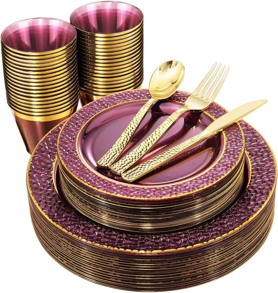 150PCS Food-Grade Purple Plastic Party Tableware Set - Durable Chic Disposable Supplies with Filigree Edge, Multi-Size Plates, Cups, Utensils for Buffet Setup, Birthday Dinner for Family, Dessert Table (50 Plates,25 Cups,25 Forks,25 Knives,25 Spoons)