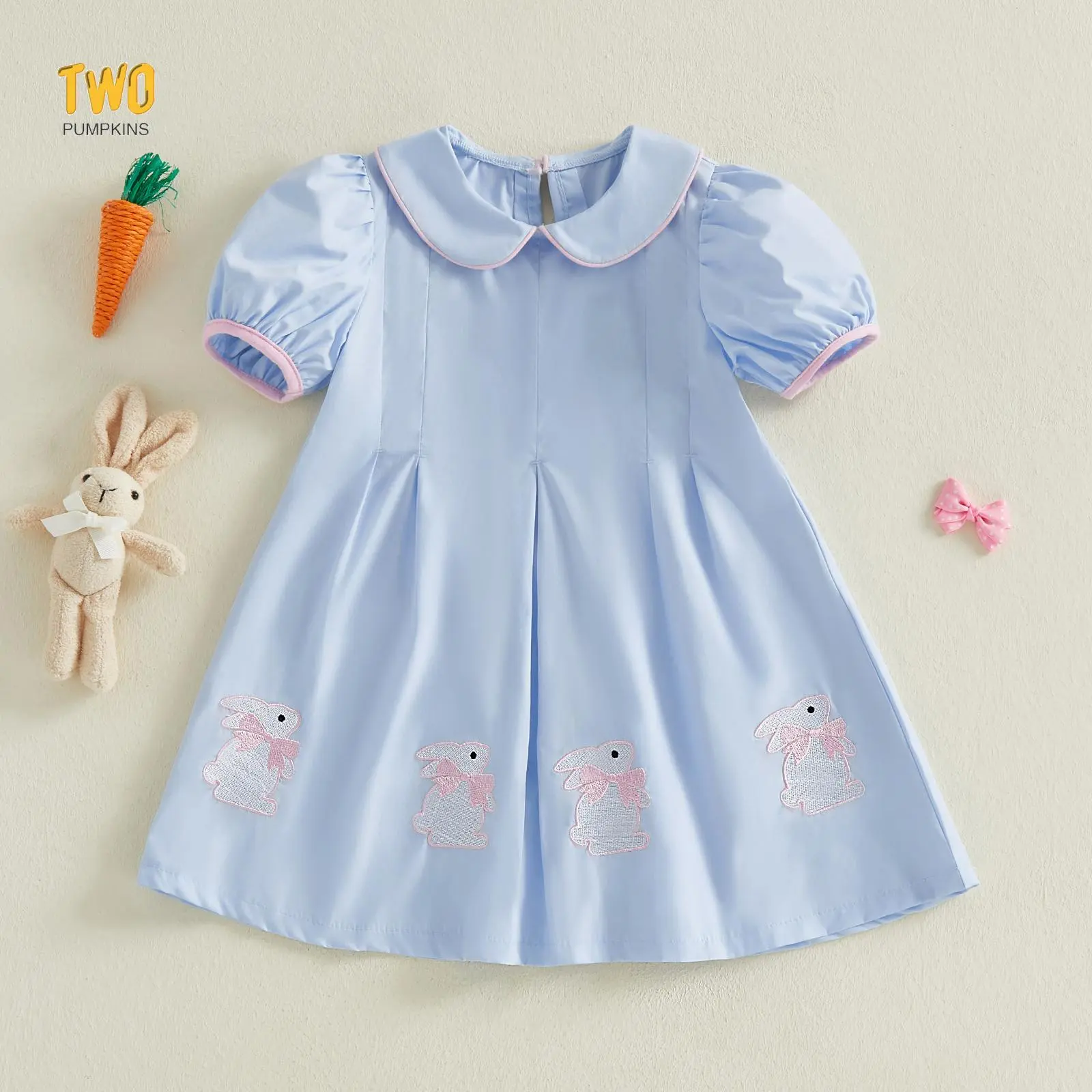 Kids Toddler Baby Girl Easter Outfit Bunny Rabbit Embroidery Peter Pan Collar Short Sleeve Smocked Dress Clothes