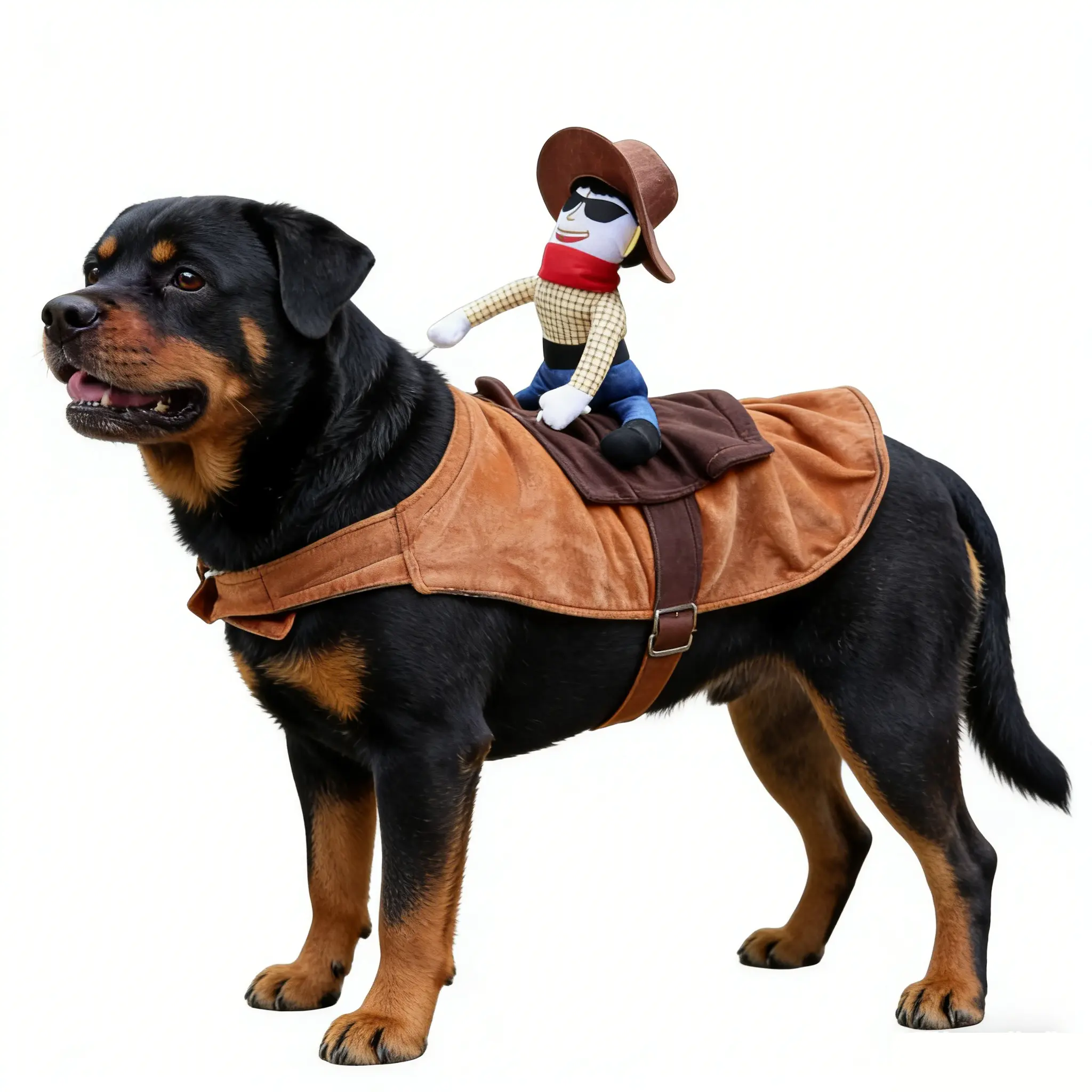 Classic Western Cowboy Polyester Plush Dog Costume - S-XL Universal Fit, All Seasons, Velcro Fasten, Quick On/Off Closure, Straw Hat, Sunglasses, Plush Rider Doll, Cowboy Themed Party Photo Props, Social Media Ready Playful Pet Apparel, Playful Look