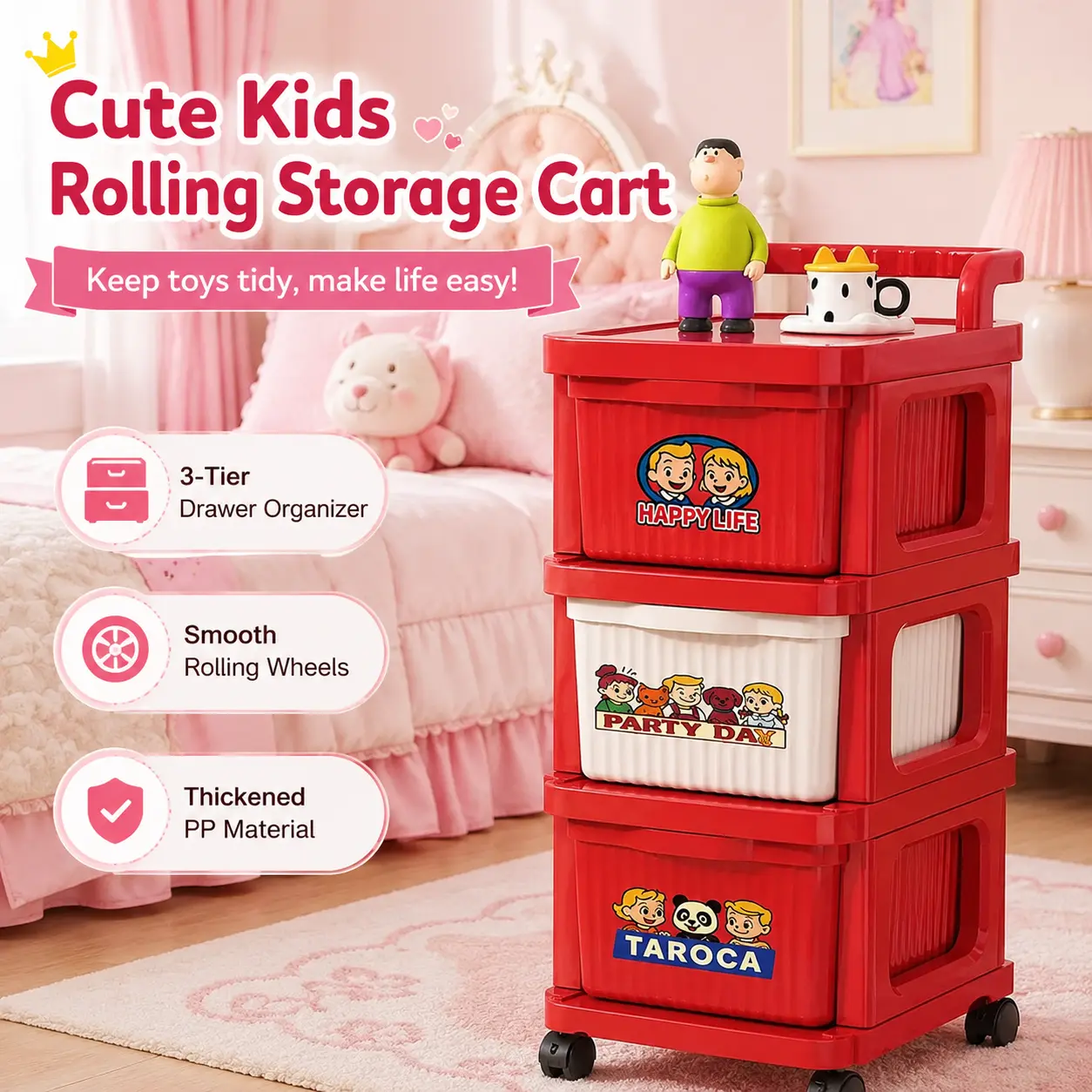 Cute Kids Rolling Storage Cart, 3-Tier Toy Organizer with Smooth Wheels, Large Capacity PP Storage Rack, Mobile Utility Cart for Kids Room, Nursery, Bedroom & Playroom