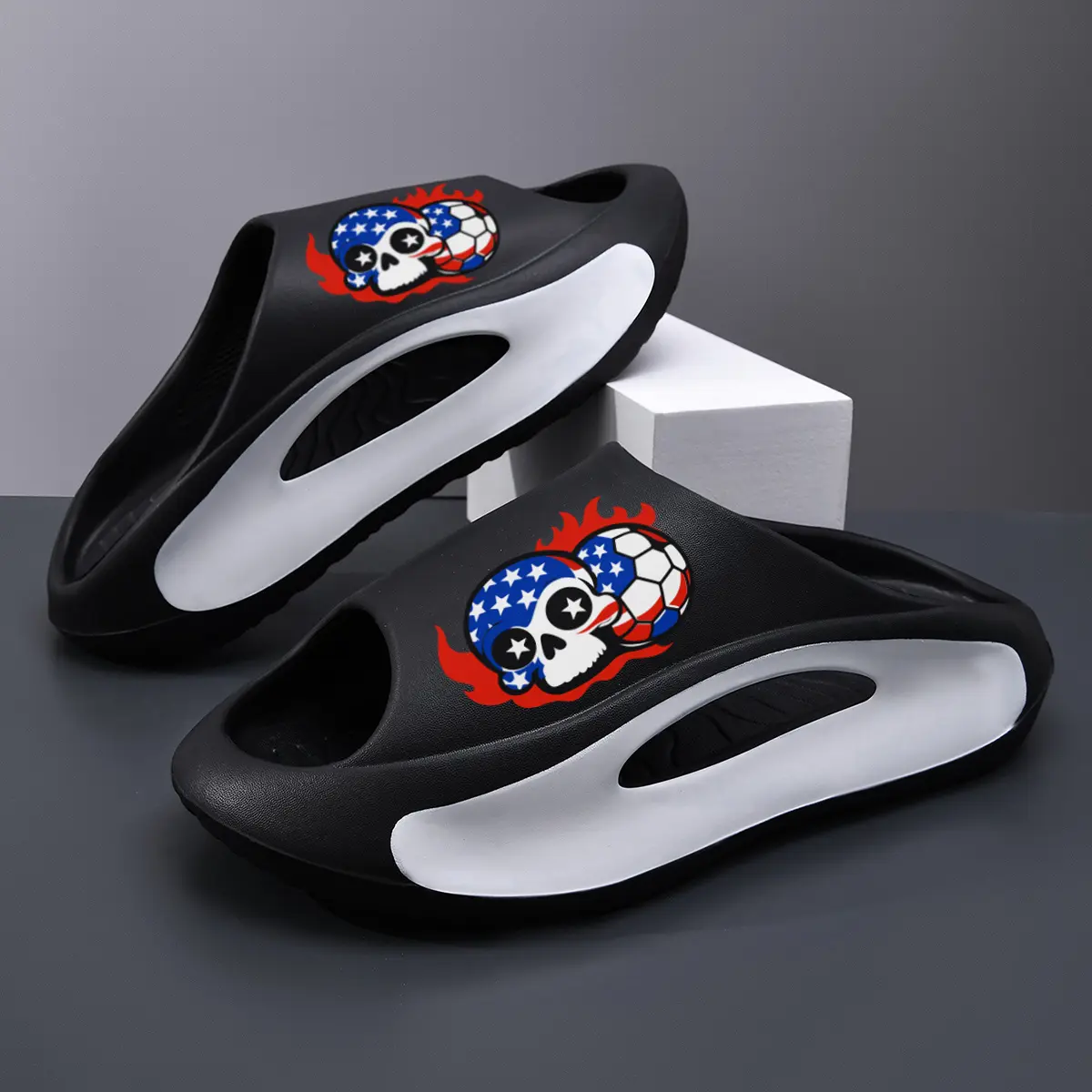 Unisex Retro Vintage Platform Slides - Non Slip Thick Cushioned EVA Slip On Slippers with Skull Football, American Flag Prints, Cloud Cushion for Stadium, Beach, Ankle Design Stylish Outdoor Footwear, Non Slip Slippers