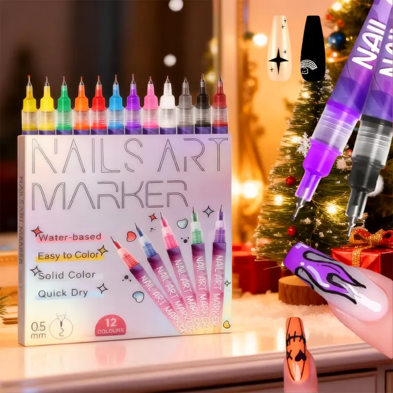 4/12Pcs English Graffiti Nail Art Double-Ended Pen, DIY Hand-Drawn Graffiti Acrylic Pen, Quick-Drying Waterproof Color Painting Outlining Pen, Dopamine Graffiti Pen for Gifts, Nail Art Manicure, Nail Art Tools, Nail Art Equipment, Nail Art Supplies