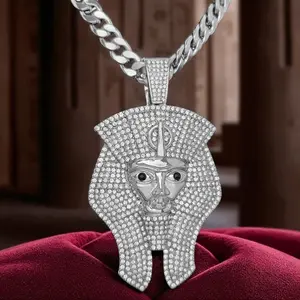 MaxBling81 Men's Hip Hop Chain Jewelry - 10mm Cuban Chain with Large Silver-Plated Egyptian King Tut Pharaoh CZ Pendant, 18in/20in/24in/30in Sparkling Necklace for Daily Wear