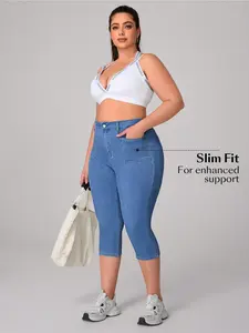 Plus Size Women's Knitted High Stretch Elastic Denim Jeans, Comfortable Tight Fit Seven-Quarter Pants, Stylish Everyday Casual Wear