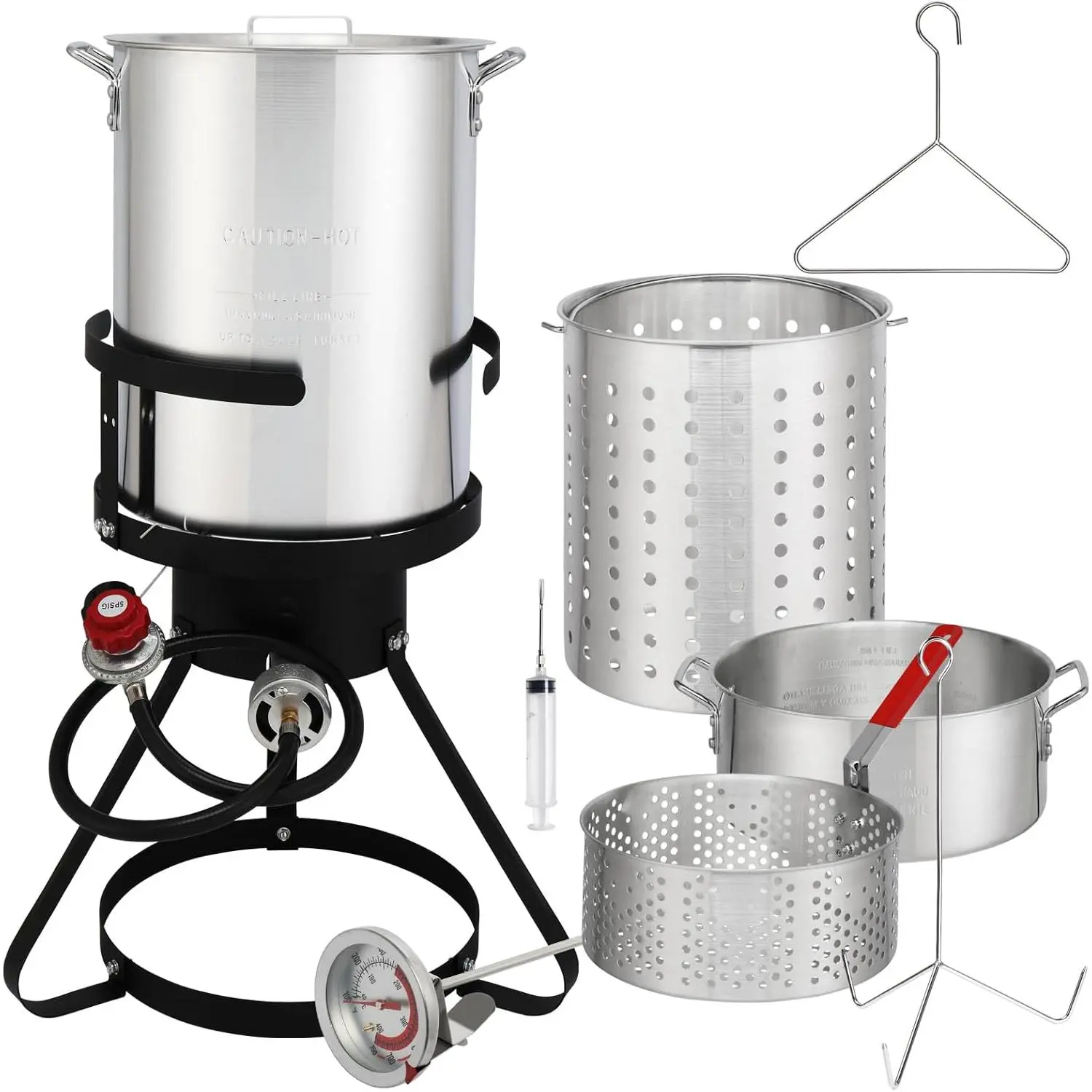 Gas-Powered Multi-Use Fryer & Boiler Kit – 30 Qt Turkey, 10 Qt Fish Units with Baskets, Aluminum Seafood Steamer, 54000 BTU Propane Burner Stand, Injector, Thermometer, Hose for Christmas Deep Frying (Optimum Thermal Conductivity)