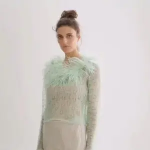 Mohair lace knit sweater with ostrich feathers