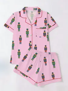 Striped Nutcracker Print Pajama Set, Short Sleeve T-Shirt and Shorts with Cardigan, Casual All Seasons Loungewear You Can Wear Outside