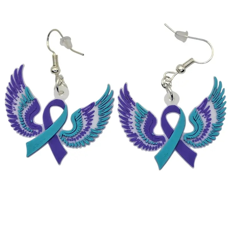 Winged Ribbon Awareness Earrings 3D Printed Hypoallergenic Nickel-Free Hooks for Suicide Prevention & Sexual Assault Support