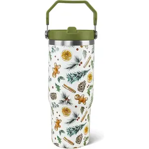 30 oz Christmas Tumbler Gingerbread Cedar Cinnamon Coffee Mug Leak Proof Insulated Cup with Handle Flip Straw Water Bottle Xmas Winter Gifts Decor