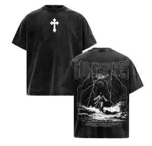 Vintage Washed Christian Graphic Tee: God Inspires Jesus Walking on Water Oversized Acid Wash T-Shirt Men Women - Glory Threads Streetwear Faith Based Apparel Thunderstorm Matthew 14:27 Bible Verse Top - Trendy Religious Casual Wear Everyday Gift Idea