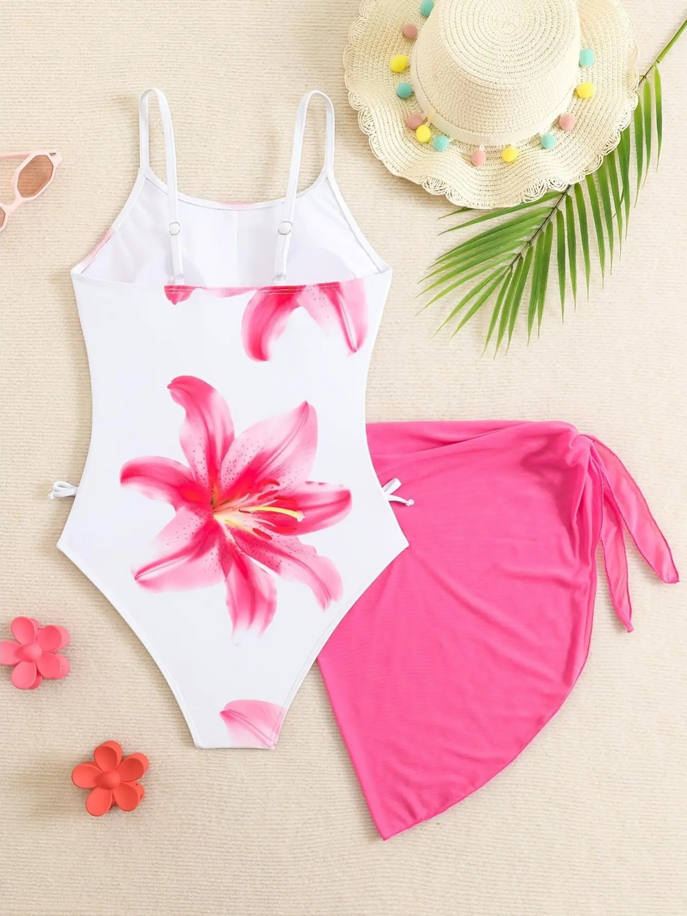 Girls' 2-Piece Floral Print Sleeveless Slim-Fitting Swimsuit - Bow Decoration, Gauze Skirt, Stretchable Polyester Fabric, Machine Washable for 13-16y Teens - Seaside Swim, All Seasons Use, Flowers, 13 Years And Older, 13Y, Skinny, Elastane, 14Y, No, Stret