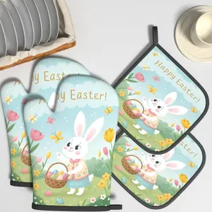 4pcs Oven Mitts And Potholders Happy Easter Bunny Heat Resistant Oven Mitts And Pot Holders Sets Suitable For Grilling, Cooking, Baking, Broiling, Microwave And Kitchen Decoration Gifts