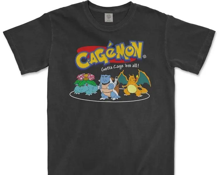 [Sale up to 45%] Cagemon Parody Tee, Funny Nicolas Cage Pokémon Meme Shirt, Retro Gamer Humor Design, Kanto Starters Mashup, Otaku Comedy Streetwear Cotton Menswear