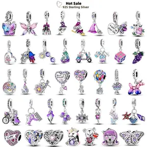 Purple Charms 925 Silver Fit Original Pendant Bracelet Butterfly Glass Heart Feather Clip Charm Dangle Luminous Bead DIY Jewelry