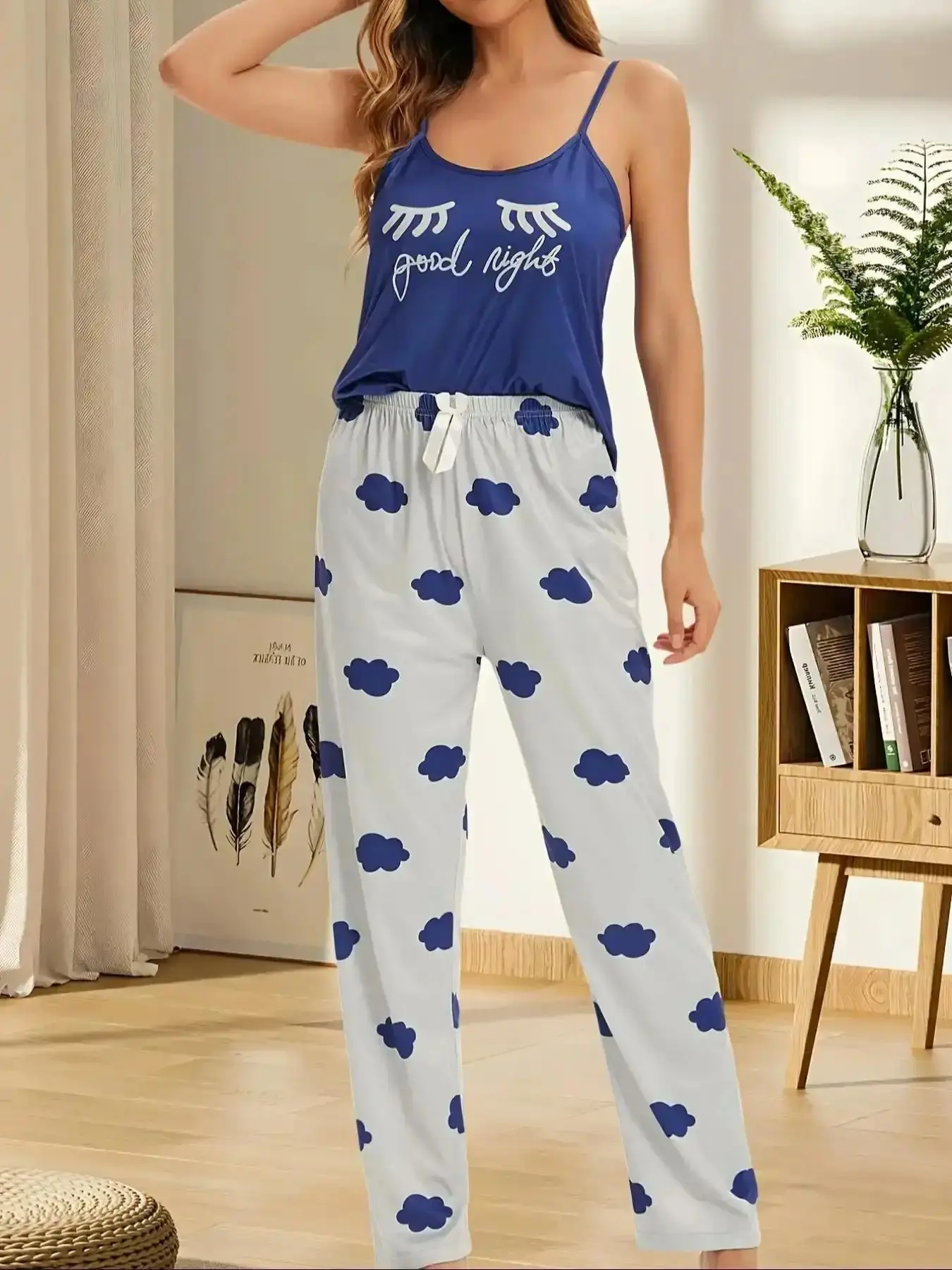 Leaf Print Women's Pajama Set, Casual Fitted Sleeveless Vest Top & Long Pants, All-Season Polyester Knit Sleepwear, Comfortable Home Leisure Loungewear, Homewear Pjs Knitted, Bedtime Essential, Lazy Day easy wear