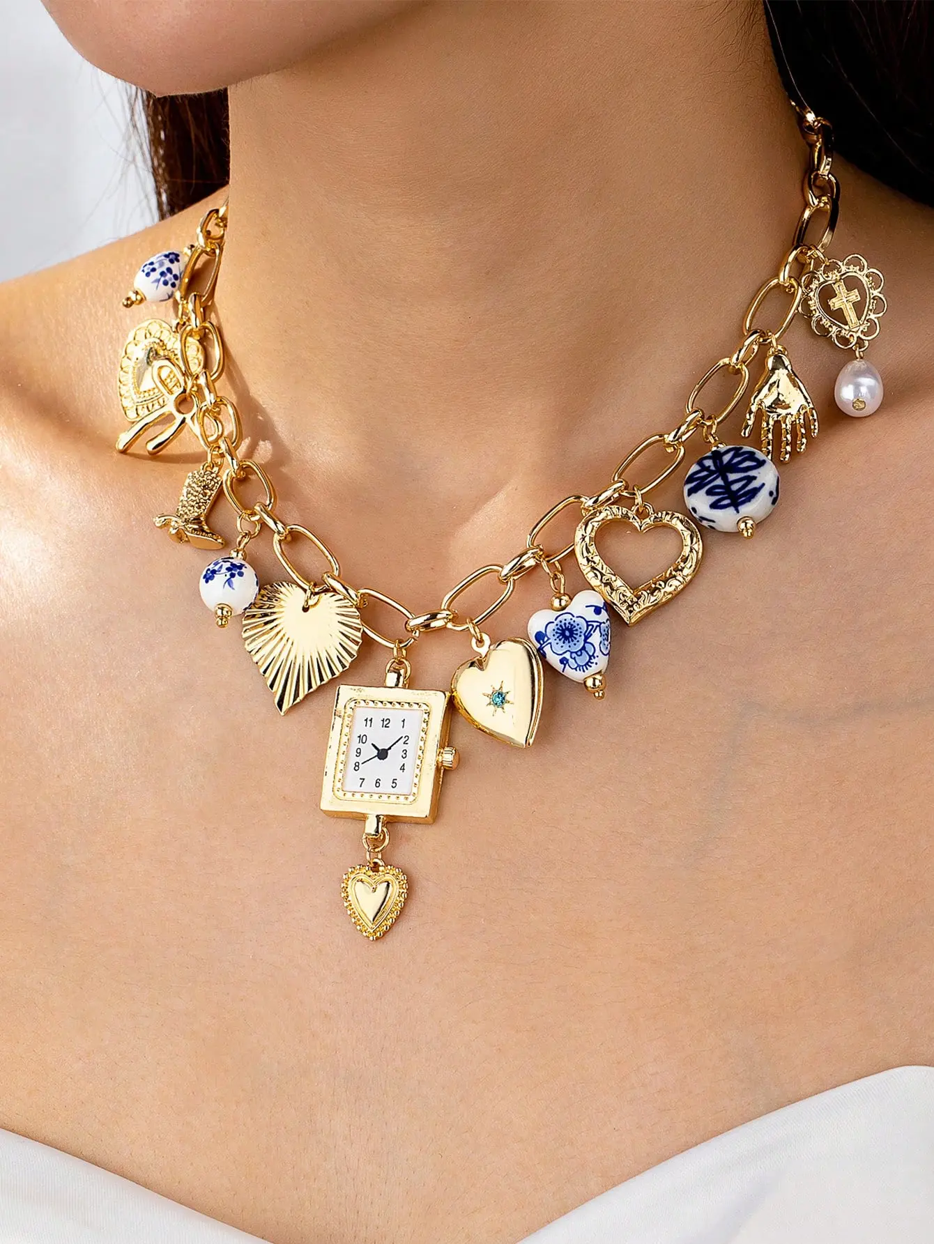 1pc Handmade Multi-Charm Necklace – Faux Watch Locket, Ceramic Heart Beads, Cross & Cowboy Boot Pendant – Random Colors & Shapes