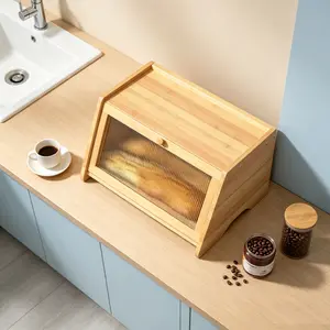 [ManyDFYu] Natural Bamboo Bread Box with Lid, Modern Farmhouse Corner Bin with Airflow Vent, Frost-Acrylic Vintage Organizer for Kitchen Counters & Homemade Goods
