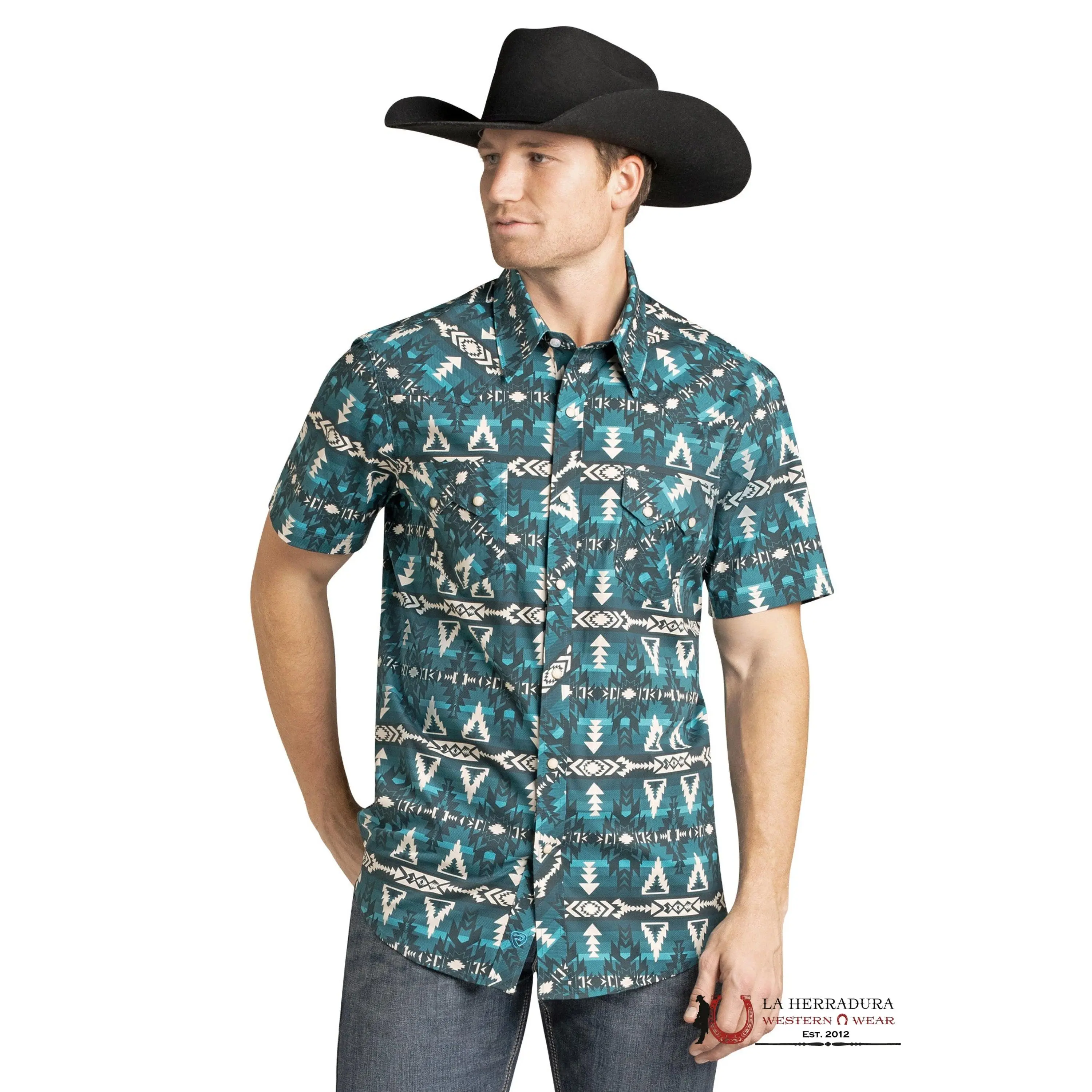 ROCK&ROLL MEN TURQUOISE- RR AZTEC PRINT SS SHIRT SHORT SNAP-BMN3S07152