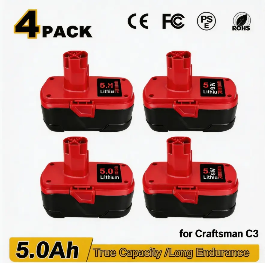 18V-19.2V Max 5000mAh Lithium Ion Rechargeable Craftsman Batteries - Red Black Impact-Resistant Casing, Multi-Protection, No Memory Effect, Replacement for Craftsman C3, GJL1810 Cordless Drill Power Tools, for Home, Job Site Use, Durable Red & Black Desig