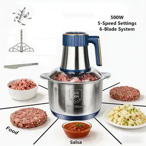 5L Stainless Stee Food Processor 500W Powerful Meat Grinder 6 Blades & 5 Speeds for Family Meals