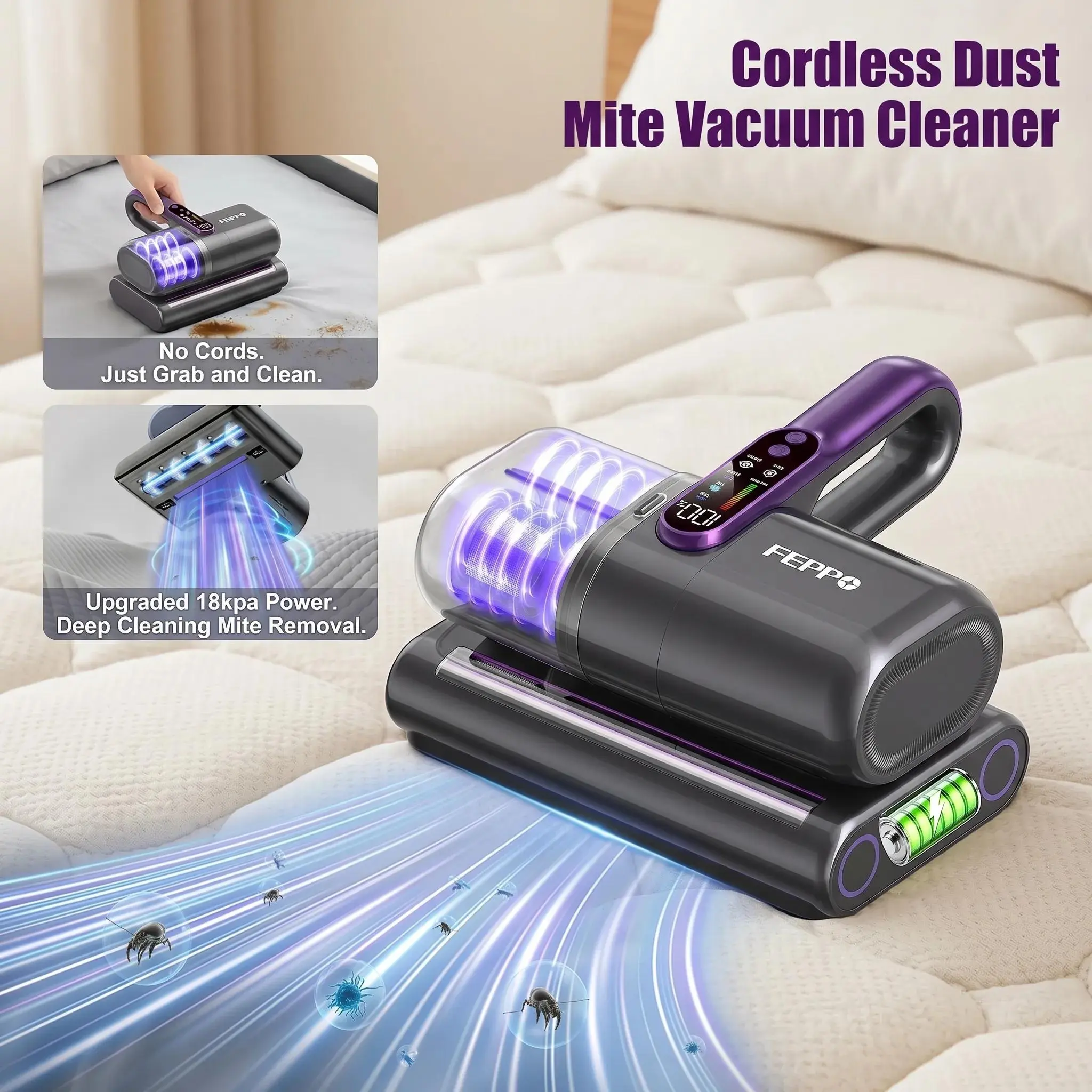 FEPPO Cordless Mattress Vacuum Cleaner, 18Kpa Strong Suction Bed Vacuum Fast Full-Surface Warming Mat for Food with 19 Level Adjustable Temperature and 6 Hours Timer, Roll Up Food Warmer