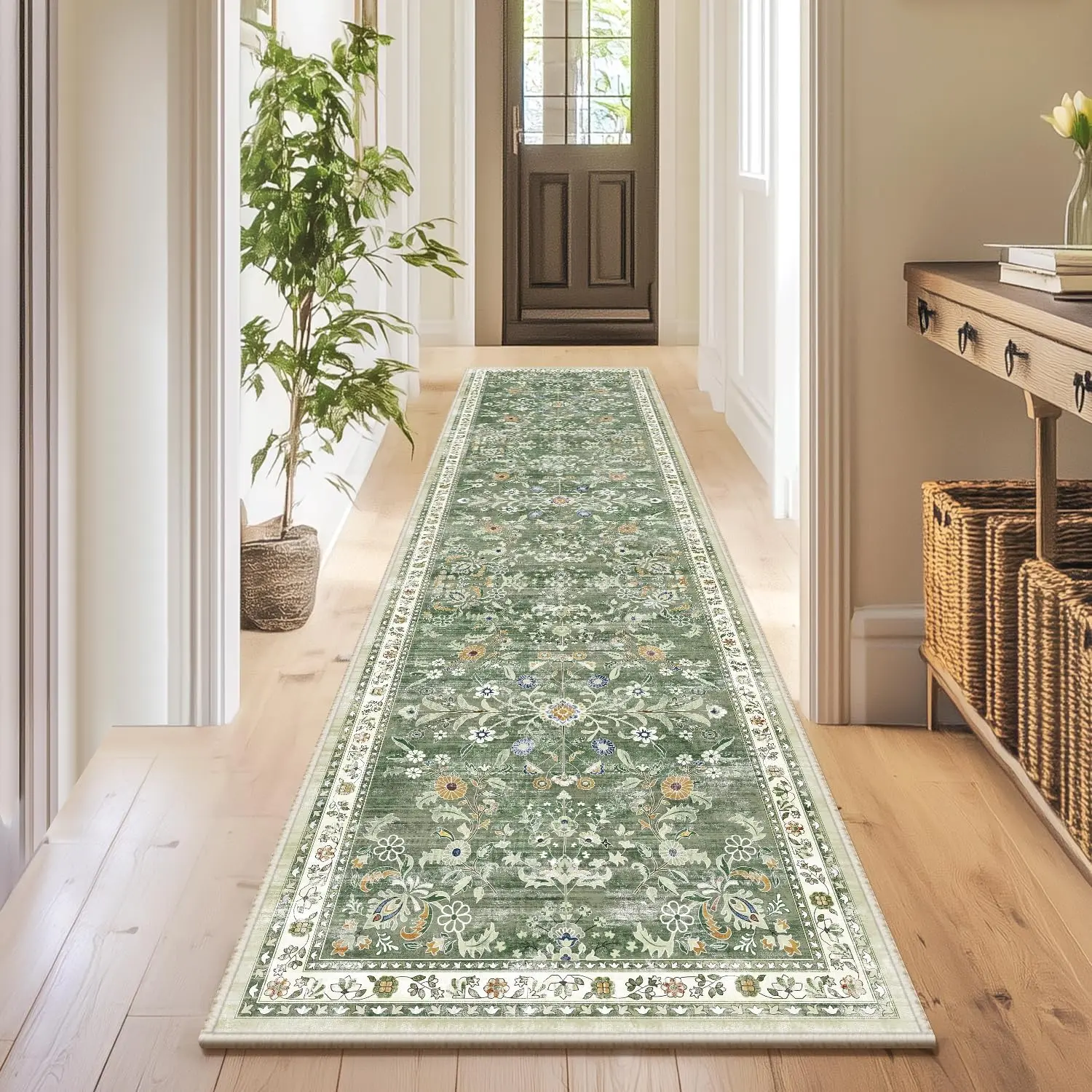 Washable Runner Rug 1.65x8.25 – Non Slip Boho Floral Hallway Runner Rug with Rubber Backing, Low Pile Wool Distressed Carpet for Kitchen, Laundry, Bedroom, Entrance, Mottled Green