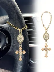 Car Steering Wheel Rosary Ornament, Virgin Mary Cross Car Decor, Catholic Prayer Beads Pendant, Adjustable Chain Keychain, Car Hanging Decoration, Unisex Auto Interior Accessory