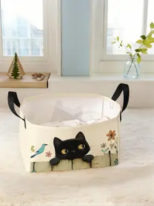 Cat Pattern Storage Basket with Handle, Foldable Clothes Organizer Storage Basket, Multifunctional Storage Basket for Home Living Room Bedroom Bathroom Kitchen, Floral Pattern Basket