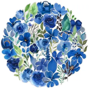 50pcs Blue Ink Painting Floral Pattern Transparent PET Stickers, Sticker Decals, Office Supplies and Notebook Accessories, Suitable for Scrapbooks, Diaries, Laptops, Water Bottles, Cars, Etc., Designed Based on Faith