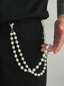 Men's Fashionable Multi-Layer Rhinestone Chain Waist Belt, Imitation Pearl Beaded Fringe Pants Chain, Casual Body Chain for Pants Decoration, Body Jewelry, Pearl Waist Beads, Body Jewellery