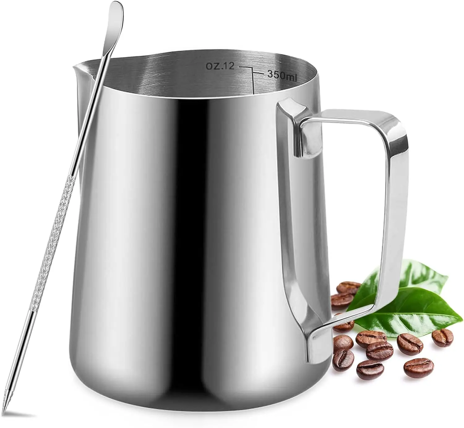 Milk Frothing Pitcher, 350Ml/12Oz Milk Frother Cup Stainless Steel Jug Steaming Pitcher, Milk Coffee Cappuccino Latte Art Barista Steam Pitchers Milk Jug Cup with Decorating Pen UMUACCAN