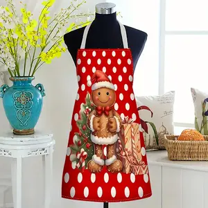 1pc Festive Gingerbread Design Apron Stylish Durable Sleeveless Polyester for Cooking, Cleaning, Restaurant Service Use; Christmas Holiday Kitchen Accessory with Red Polka Dot Pattern.