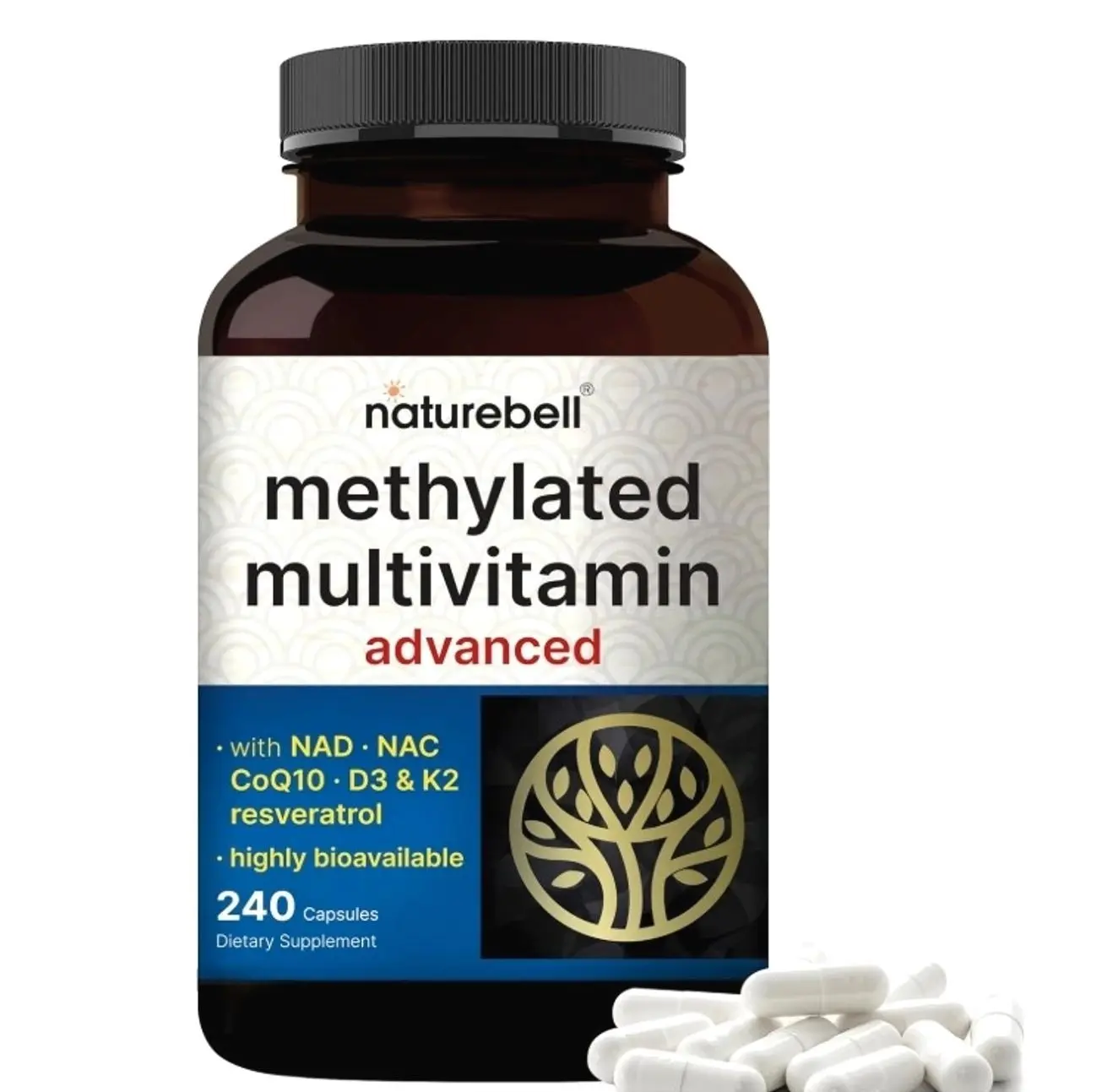 Methylated Multivitamin for Men and Women, 240 Capsules | 27-in-1 Formula with Vitamins B Complex, C, D3, K2, NAD, NAC, CoQ10, Resveratrol, Magnesium, Zinc & More | Daily Essential Vitamins