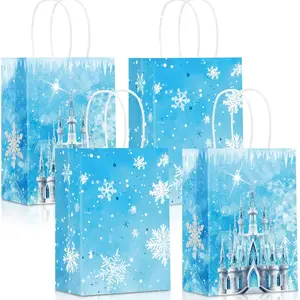 24Pcs Snowflake Gift Paper Bags Snowflake Castle Candy Treat Goodie Bags with Handle for Wonderland Snowflakes Birthday Winter Party Supplies Gift Wrapping Supplies