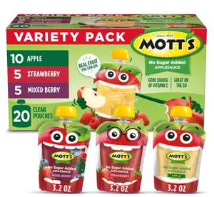 Mott's No Sugar Added Applesauce Variety Pack, 3 Flavors – Apple, Strawberry & Mixed Berry, Made from Real Fruit, No Artificial Flavors, 3.2 oz Clear Pouches, 20 Pack