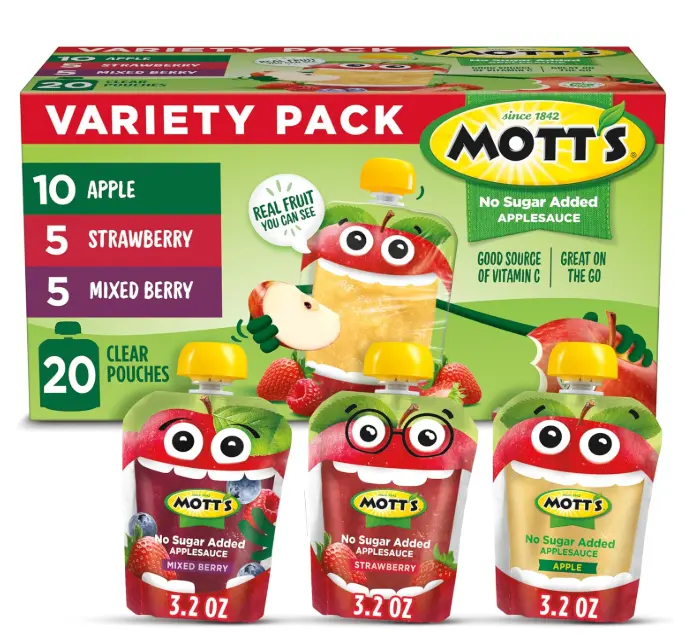 Mott's No Sugar Added Applesauce Variety Pack, 3 Flavors – Apple, Strawberry & Mixed Berry, Made from Real Fruit, No Artificial Flavors, 3.2 oz Clear Pouches, 20 Pack