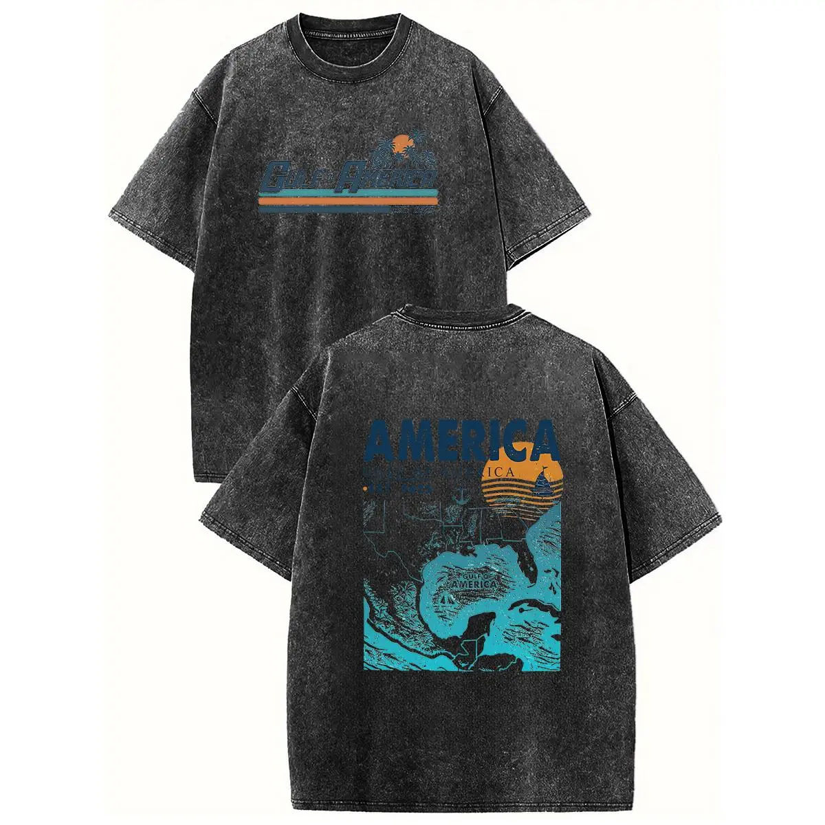 Holafish Men's Acid Washed T-Shirt with Gulf of America Graphic, Cotton Streetwear Short Sleeve Crewneck for Everyday Casual Wear