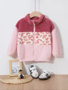 Girls' Leopard Print Zipper Fleece Jacket, Fall & Winter Fashion, Soft Warm Cute Casual Top for Ages 3-8, Casual Comfy Jacket, Fuzzy Jacket