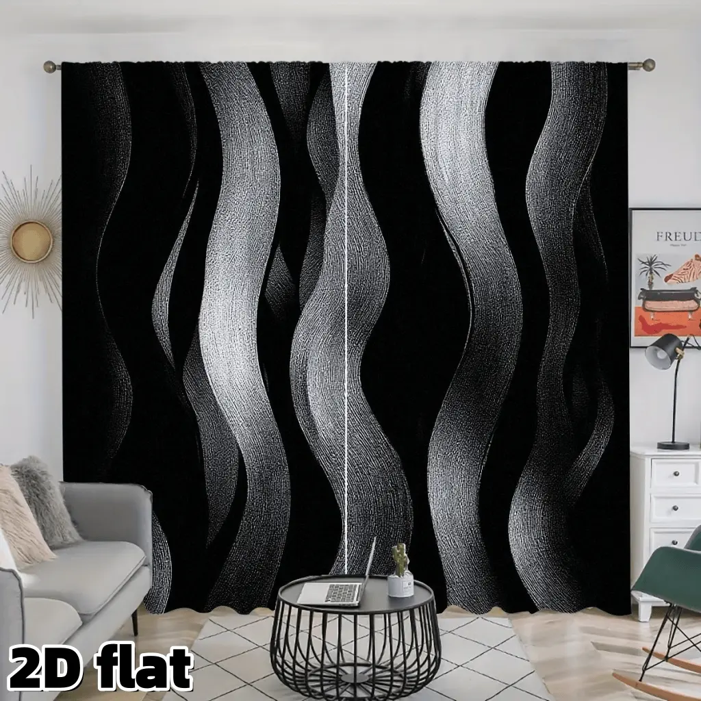 2D Flat 2Pcs Modern Wave Pattern Curtains, Home Decorative Curtain, Home Decoration Curtain, Semi Sunshade Polyester Fabric Rod Pocket Design Black Silver Striped Window Treatment Panels for Home Privacy Protection