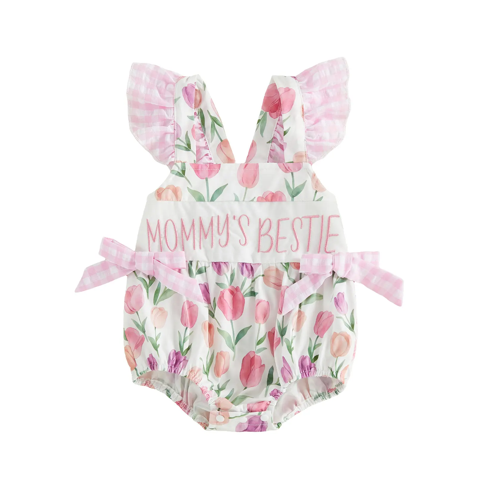 Babamoon Mother's Day Infant Baby Girl Square Neck Tulip Print Romper Jumpsuit, 100% Polyester Floral Bodysuit with "Mommy's Bestie" Embroidery, Plaid Flying Sleeves Onesie Infant Outfit, Letter Embroidery
