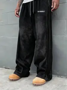 Men's Young Street Style Cotton Sport Pants, Loose Fit Wide Leg Design, Simple Letter Embroidery, Casual Fashion Joggers