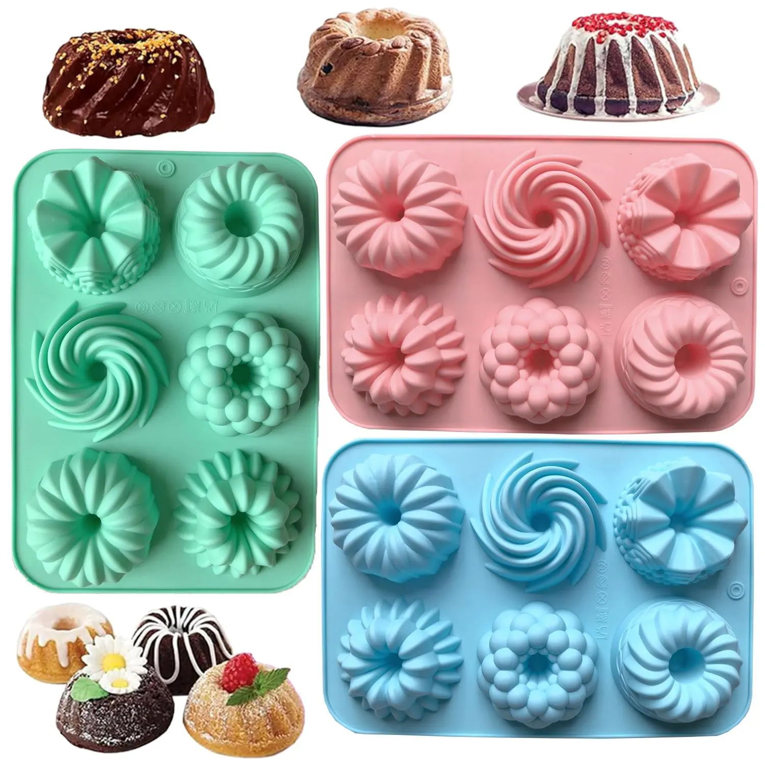 Silicone Donut Baking Mold, 3 Counts/set 6-cavity Flower & Swirl Shaped Donut Mold, Non-Stick Food Grade, Reusable Baking Mold for Making Desserts, Bakeware, Silicone Cake Pan, Baking Tools, Baking Supplies, Silicone Molds
